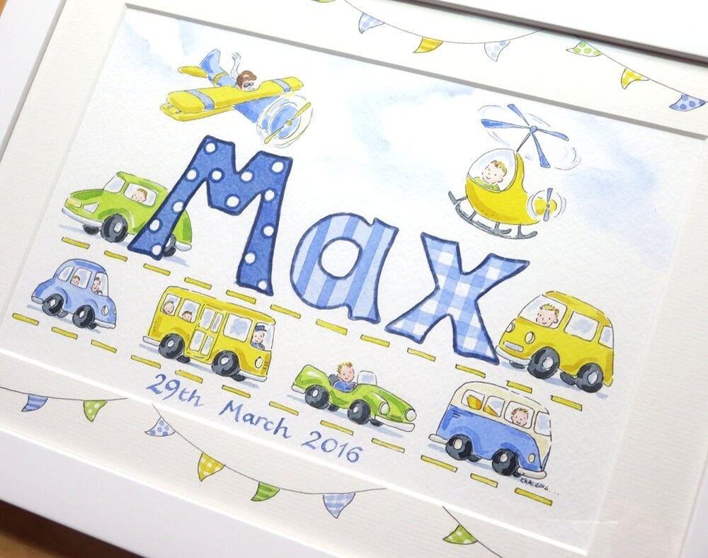 Transport themed name painting in classic frame, vehicle nursery decor idea