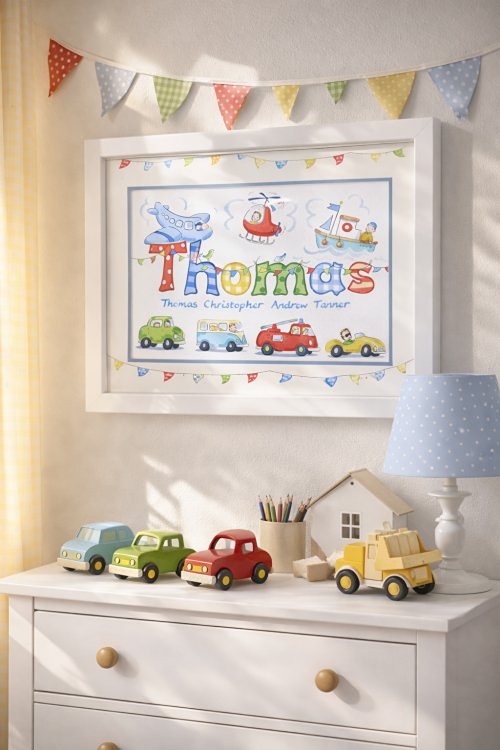 Vehicle name art featuring tractors and lorries, personalised keepsake gift for a little boy