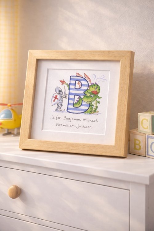 Personalised baby name art with fox and woodland flowers in rural nursery