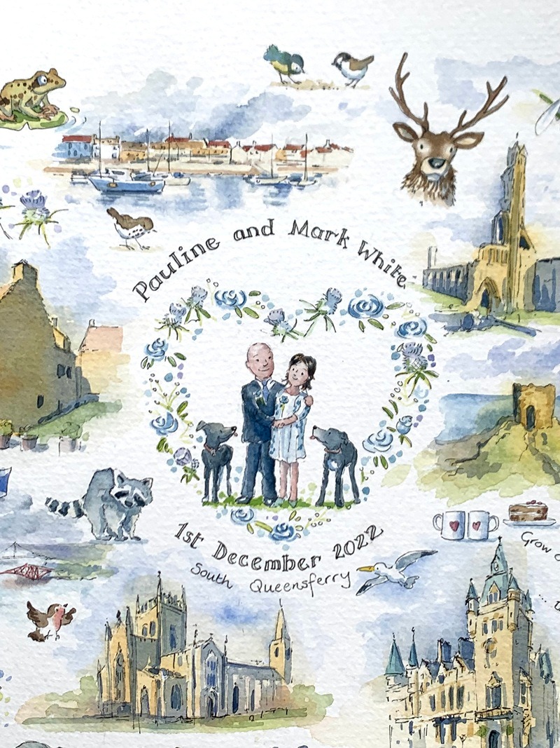 Fine art wedding painting created to order in traditional watercolour