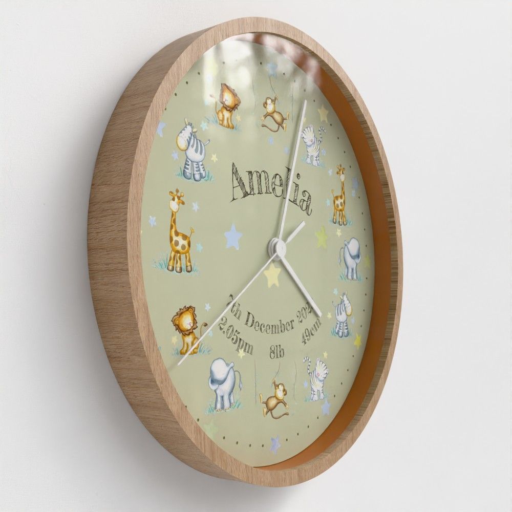 Personalised Jungle Animal Nursery Clock &ndash; New Baby Gift