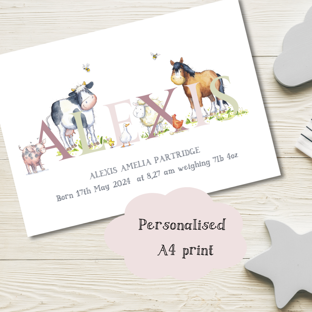 Personalised Watercolor Farm Animal Name Print for Baby Girl