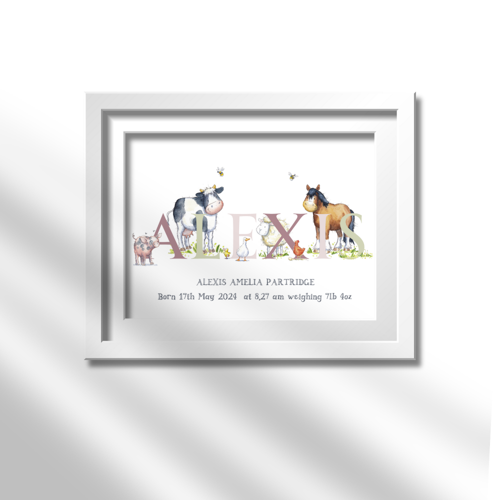 Personalised Watercolor Farm Animal Name Print for Baby Girl