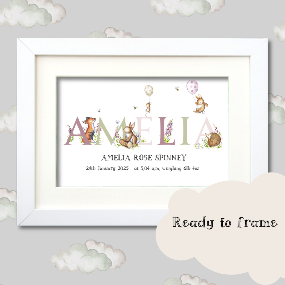 Personalised Woodland Animal Balloon Name Print