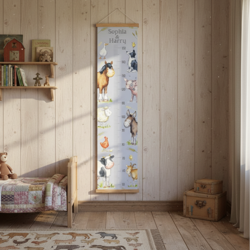 Farm animals personalised height chart - unisex summer sky blue