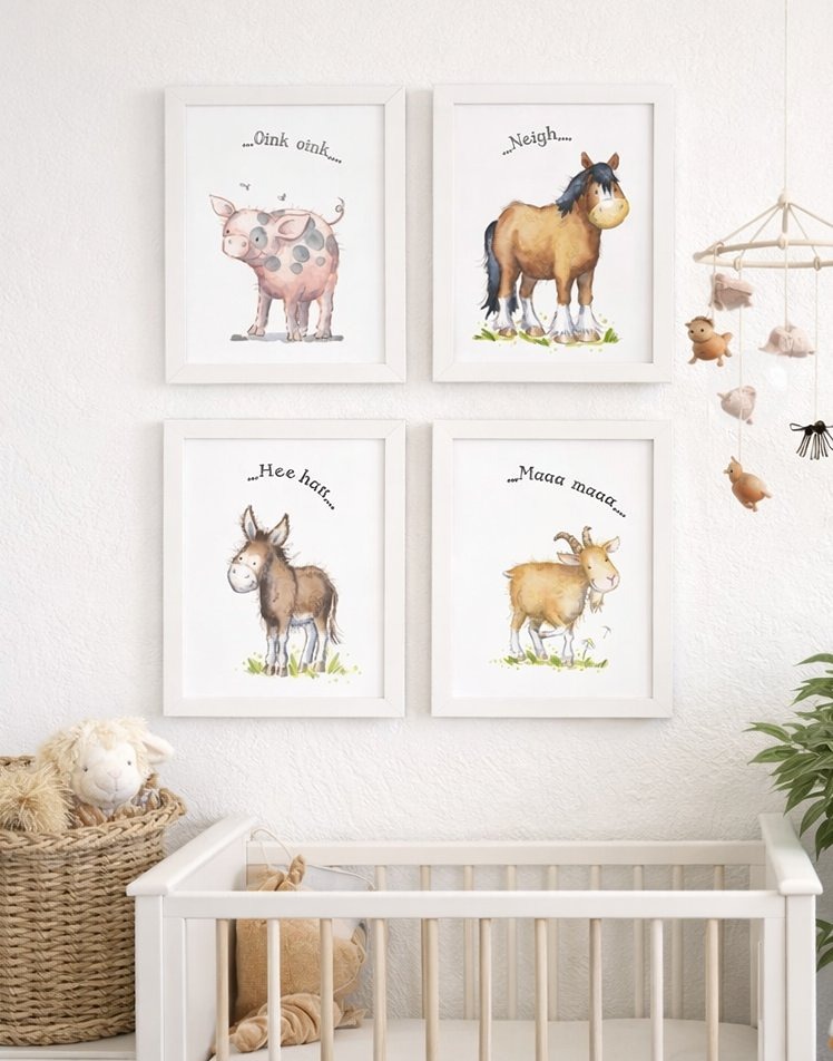 Farm animal nursery prints A4 framed wall art displayed above cot in country style nursery