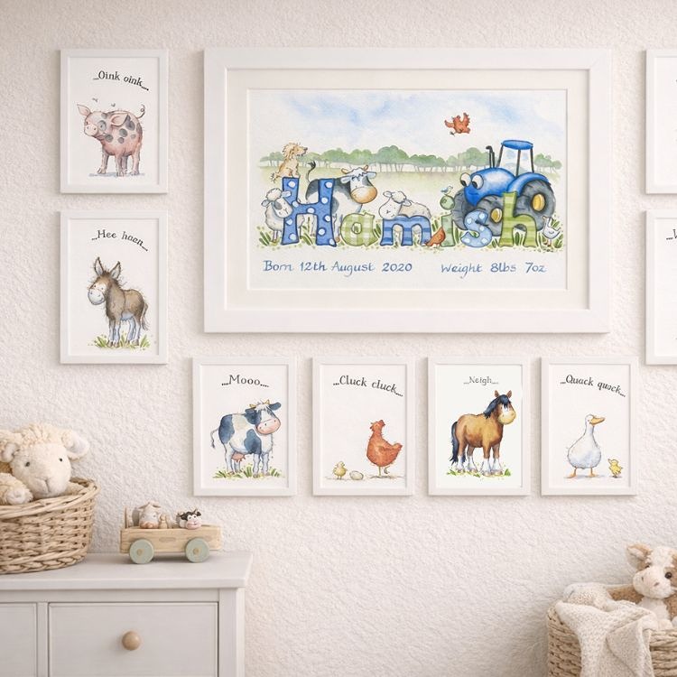 Farm animal nursery prints A5 watercolour illustrations for farm themed nursery wall decor