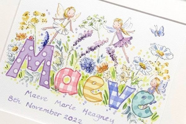Bespoke baby name painting, personalised nursery wall art made in Devon