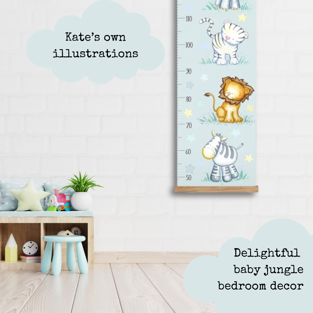 Jungle Animal Height Chart &ndash; Personalised Safari Nursery Growth Chart  in mint green from Original Watercolour Artwork