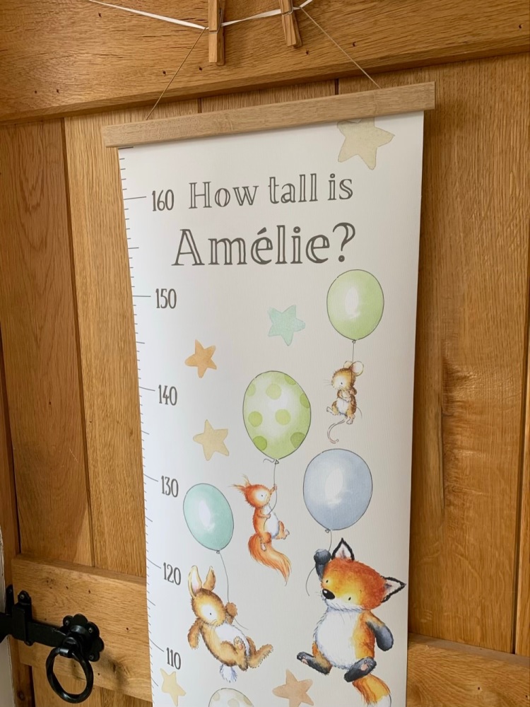 Balloon Woodland animals personalised height chart - natural earthy colours
