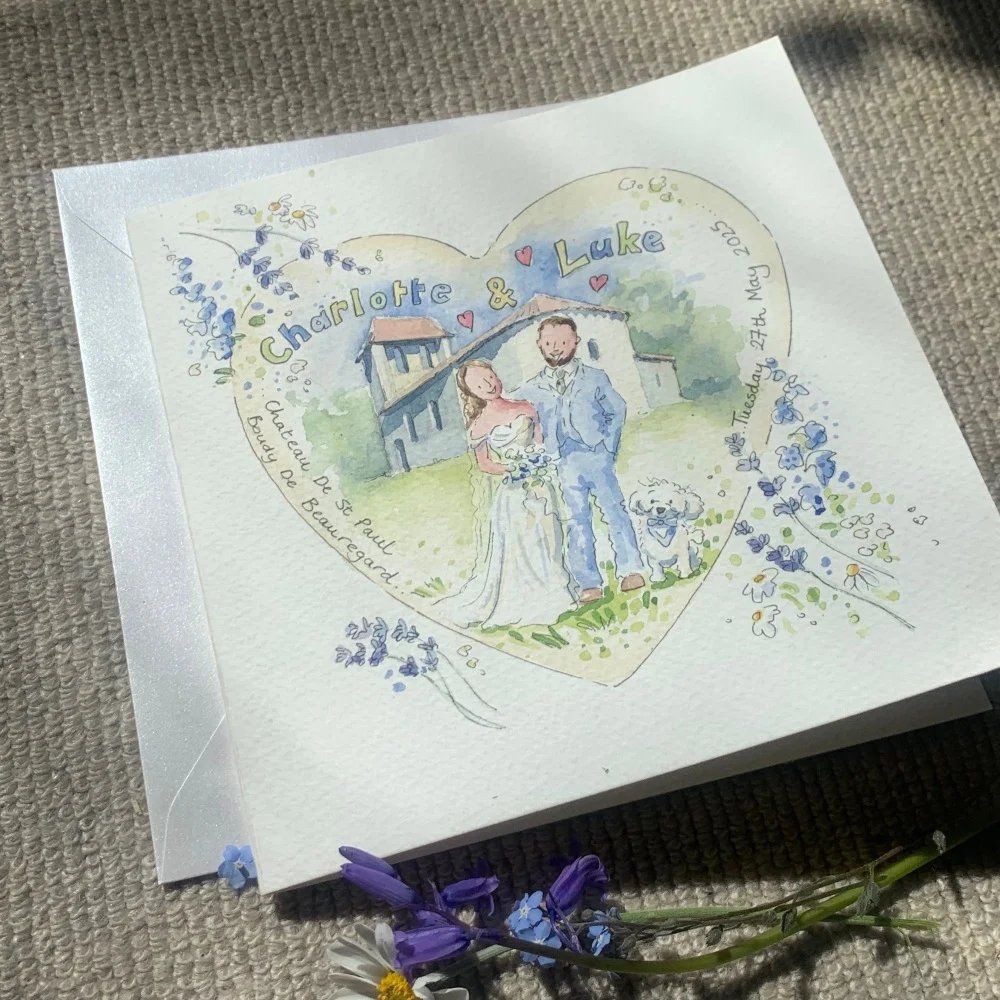 Personalised Wedding Heart Portrait Card | Hand Painted Watercolour Illustration