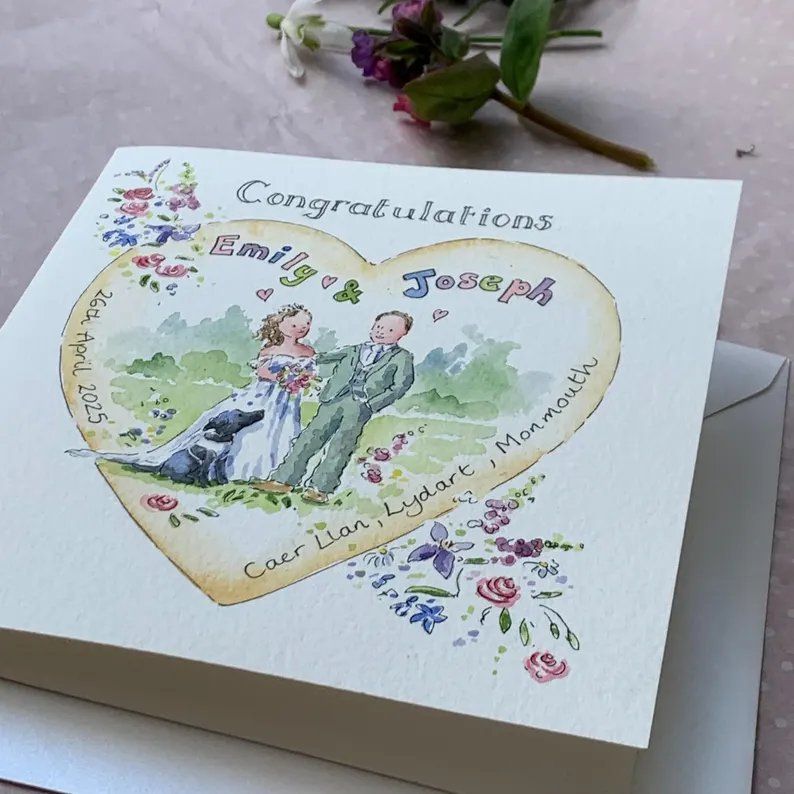 Personalised Wedding Heart Portrait Card | Hand Painted Watercolour Illustration