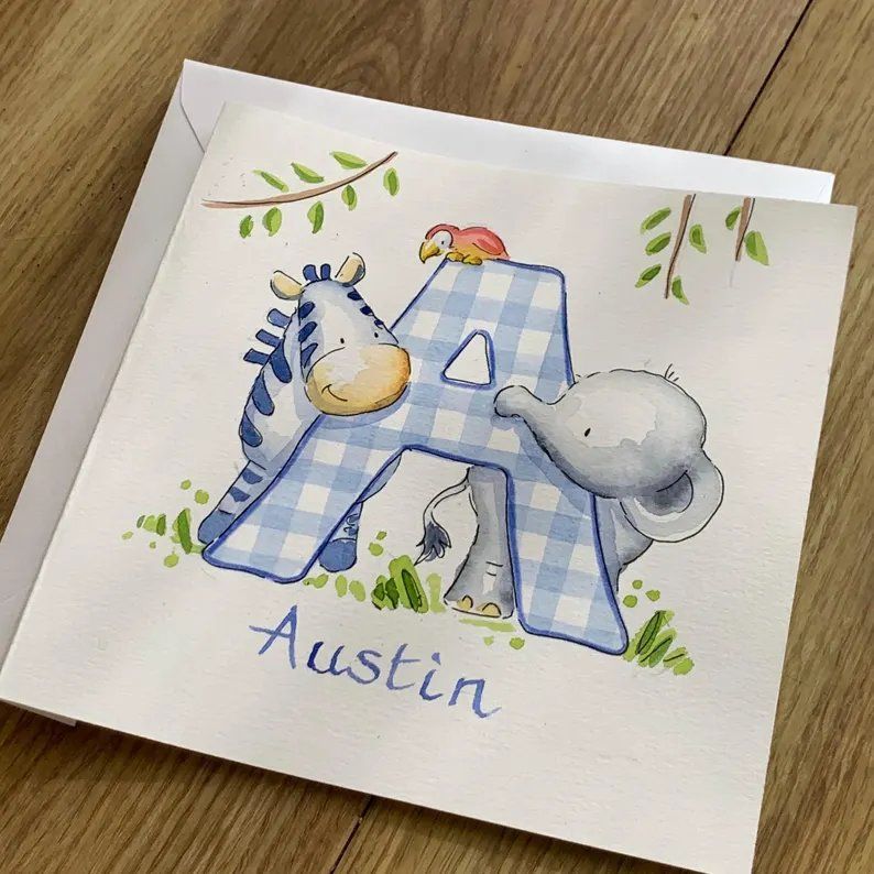 Personalised Baby Initial Card Painting | Hand Painted Alphabet Letter Nursery Artwork
