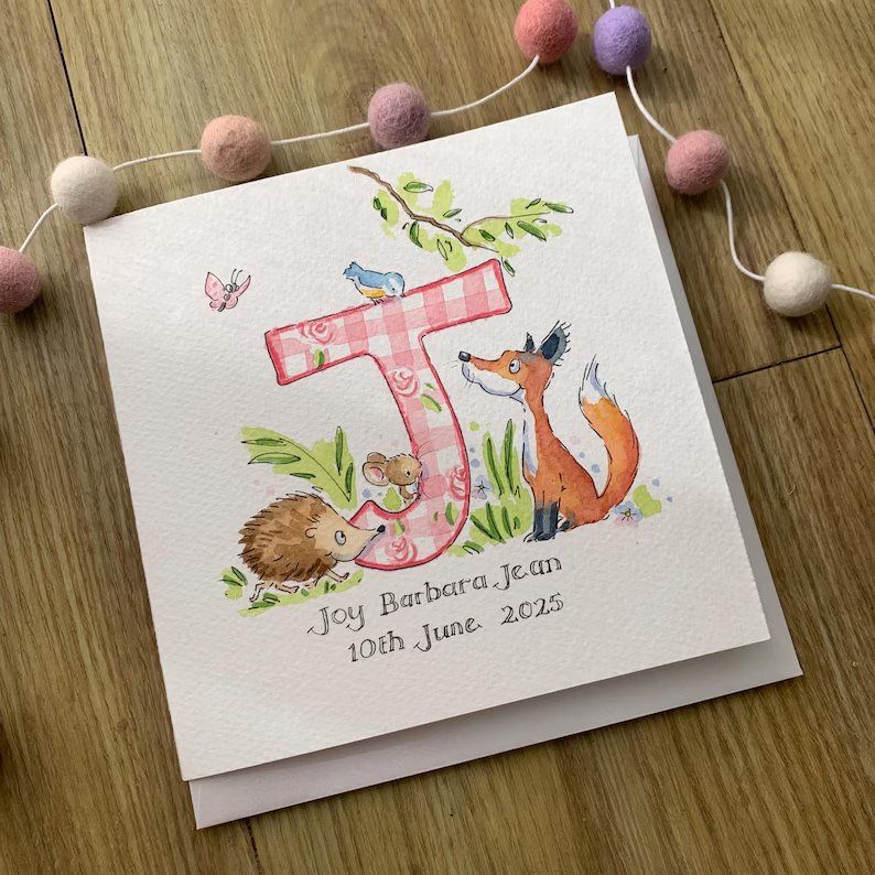 Hand painted alphabet letter card with personalised baby name in watercolou