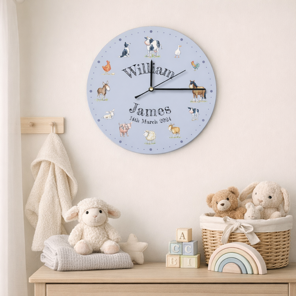 Personalised Farm Animal Nursery Clock -flat MDF clock