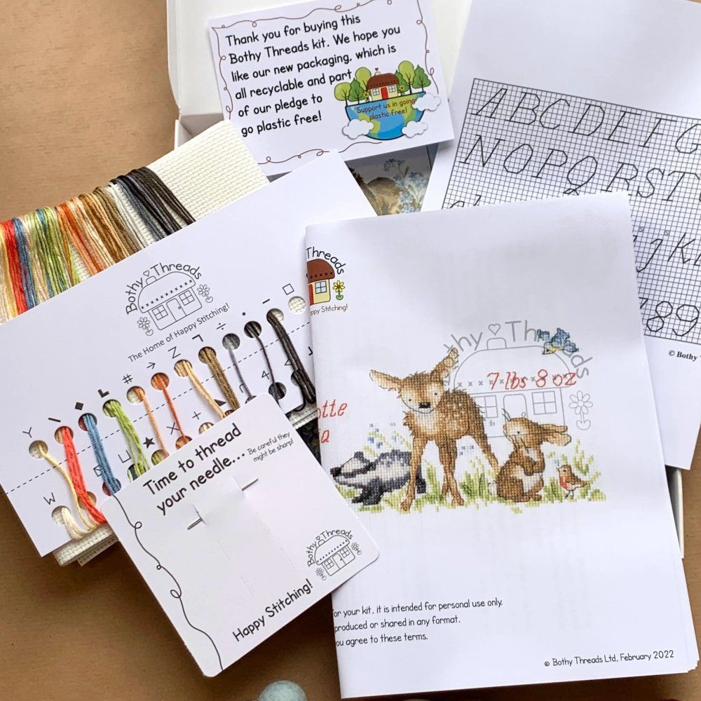 Woodland Welcome Cross Stitch Kit &ndash; Baby Birth Sampler by Bothy Threads from Kate Garrett Artwork