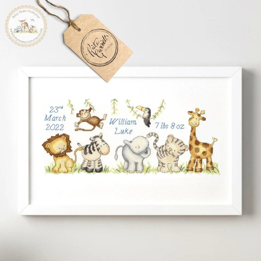Jungle Welcome Cross Stitch Kit &ndash; Personalised Baby Sampler by Bothy Threads from Kate Garrett Artwork