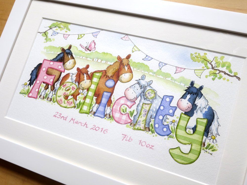 Bespoke Luxury Baby Gift &ndash; Hand-Painted Personalised Watercolour Name Picture (16&times;10 Framed)