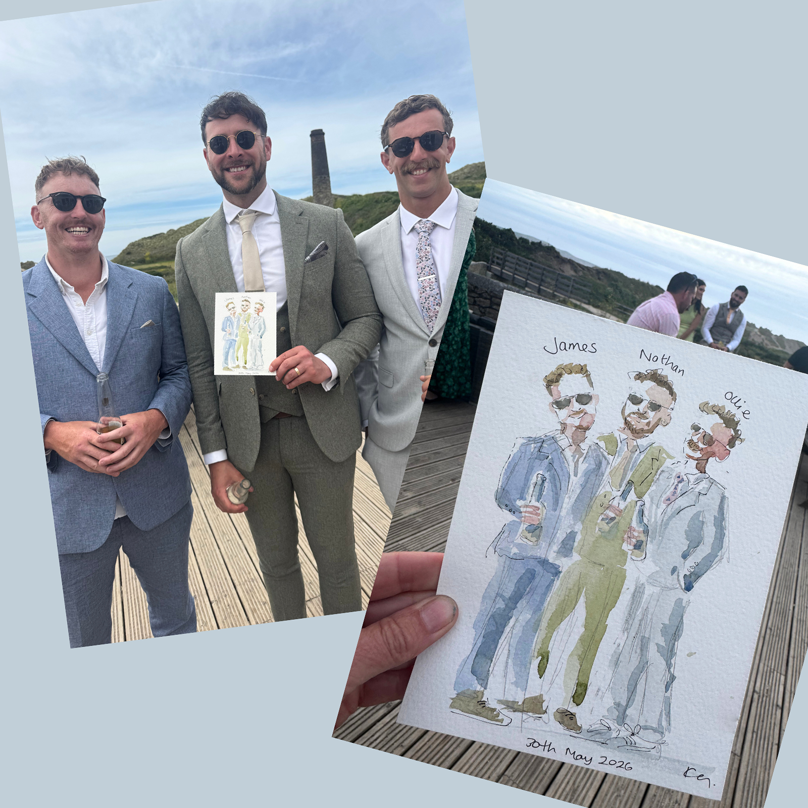Traditional live wedding illustration created on location in watercolour