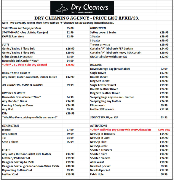 Dry cleaning prices April 23