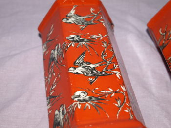 Pair Of Red Arcadian Ware Vases Bird Decoration (3)