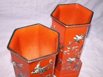 Pair Of Red Arcadian Ware Vases Bird Decoration (4)