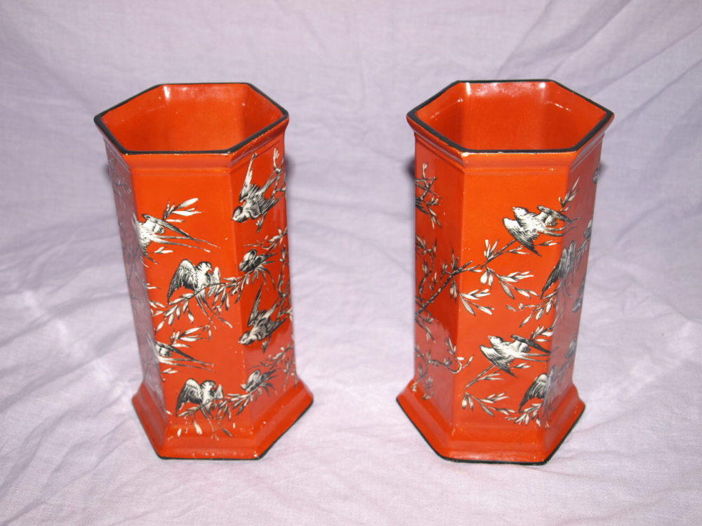 Pair Of Red Arcadian Ware Vases Bird Decoration.