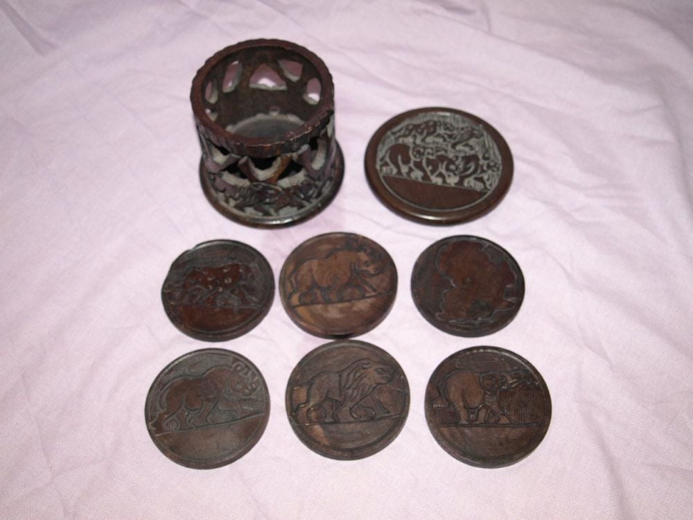 Carved African Set of Cased Animal Drinks Coasters. Small.