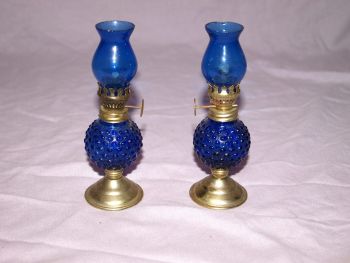 Pair of Vintage Blue Miniature Oil Lamps. (2)