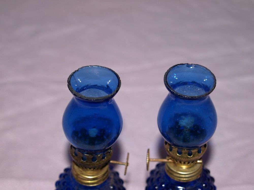 Pair of Vintage Blue Miniature Oil Lamps Nursery Oil Lamp Blue Glass