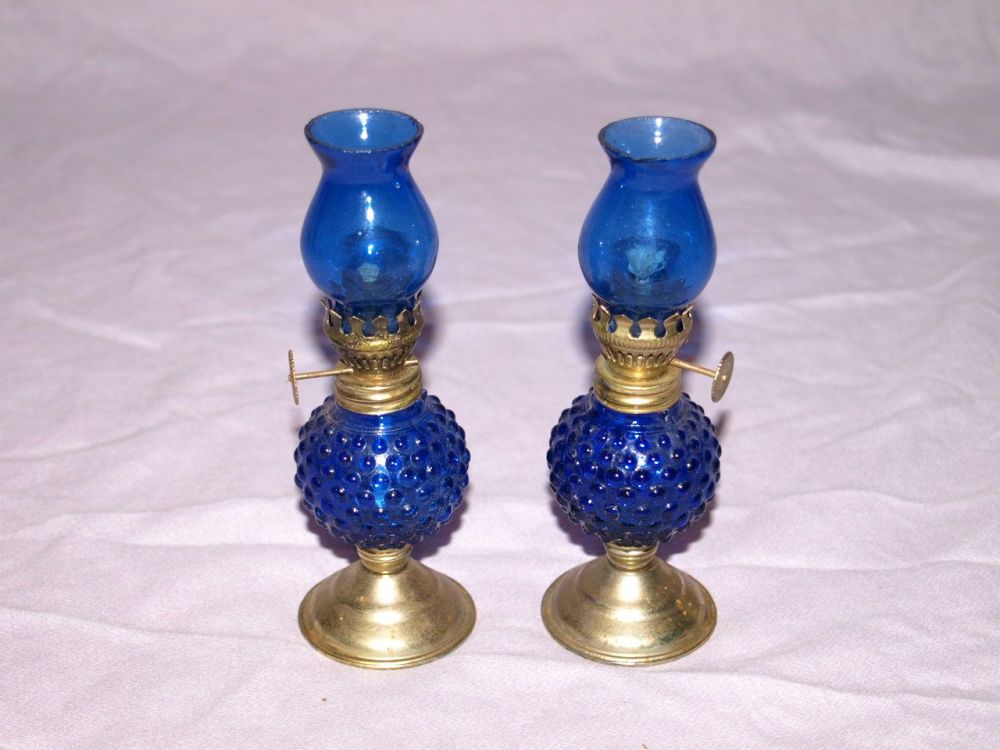 Pair of Vintage Blue Miniature Oil Lamps.