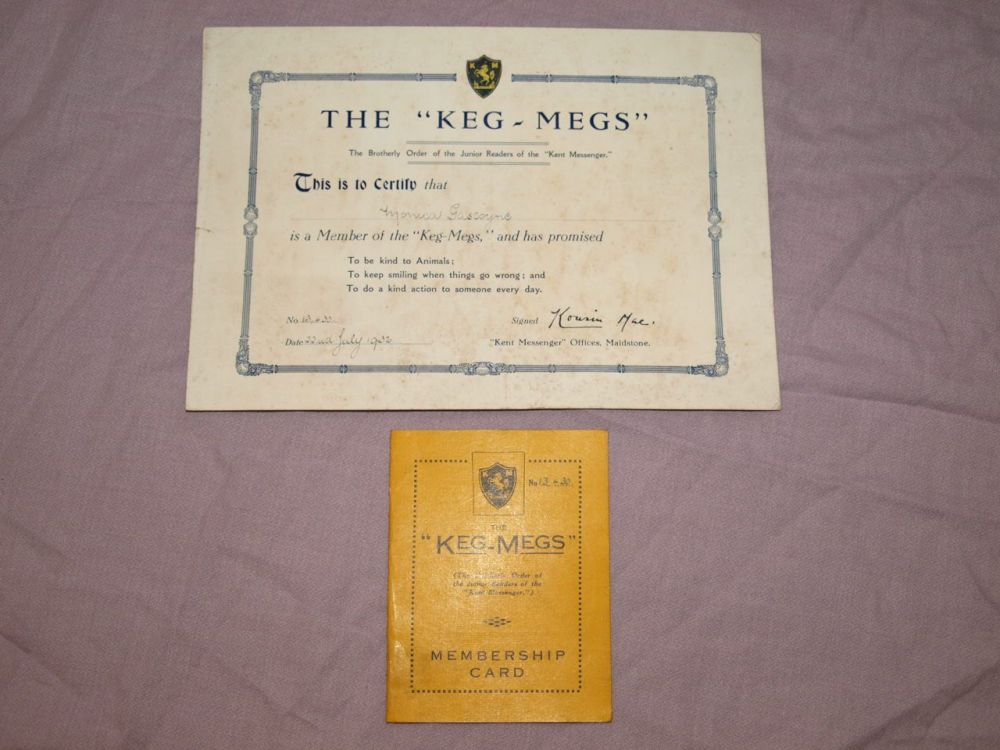 Vintage Keg Meg Membership Card and Certificate 1930s.