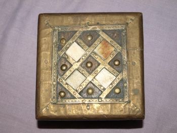 Small Wooden Box with Brass Decoration &amp; Inlaid Tiles. (6)