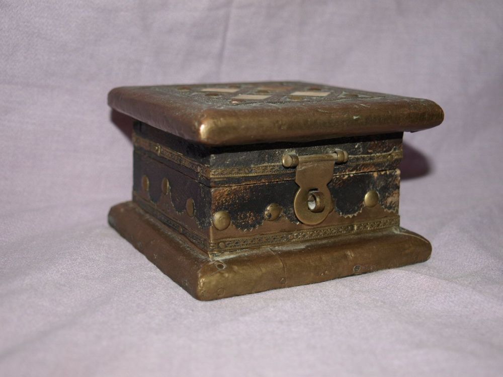 Small Wooden Box with Brass Decoration & Inlaid Tiles.