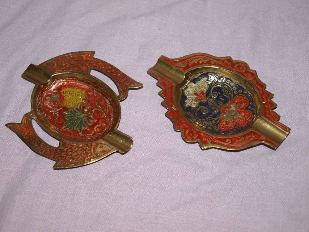 Two Vintage Brass & Enamel Ashtrays.