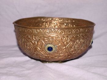 Vintage Embossed Copper Bowl with Brass Foot &amp; Blue Glass Decoration. (2)