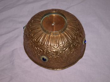Vintage Embossed Copper Bowl with Brass Foot &amp; Blue Glass Decoration. (4)