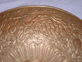 Vintage Embossed Copper Bowl with Brass Foot &amp; Blue Glass Decoration. (5)