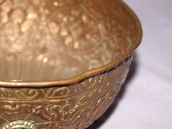 Vintage Embossed Copper Bowl with Brass Foot &amp; Blue Glass Decoration. (7)