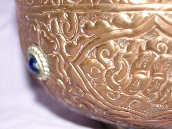 Vintage Embossed Copper Bowl with Brass Foot &amp; Blue Glass Decoration. (6)