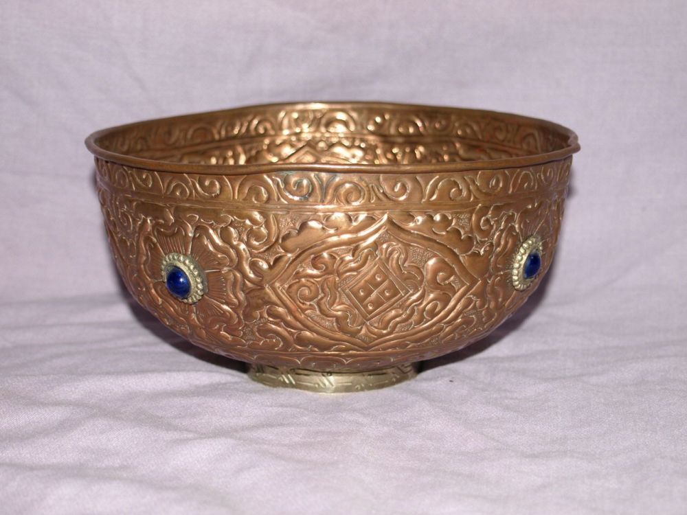 Vintage Embossed Copper Bowl with Brass Foot & Blue Glass Decoration.