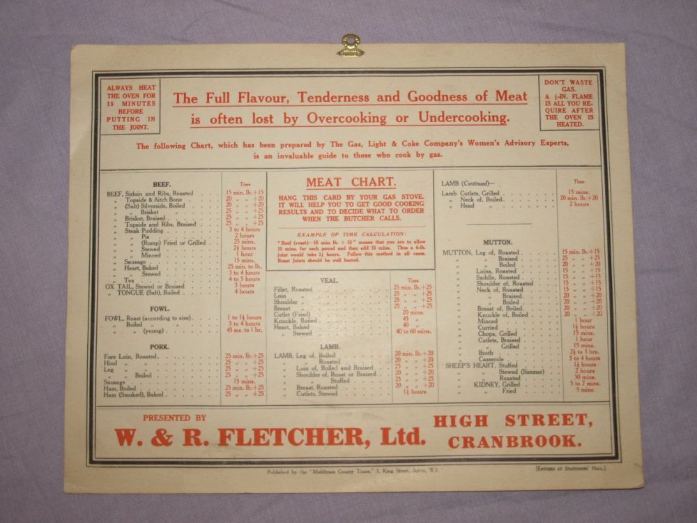 Vintage Butchers Cooking Time Chart.