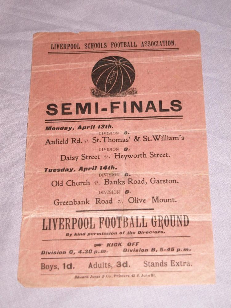 Liverpool Schools Football Association Semi-Finals Flyer 1908.