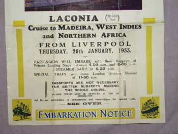 Cunard Line Laconia Embarkation Notice 1933 Poster. (3)