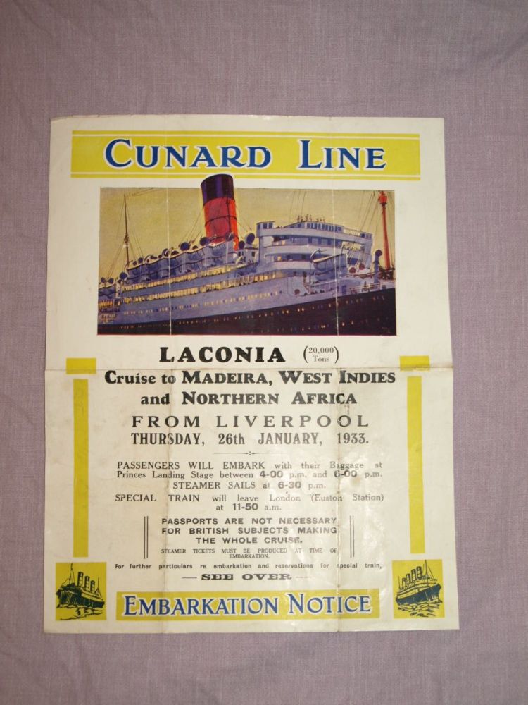 Cunard Line Laconia Embarkation Notice 1933 Poster.