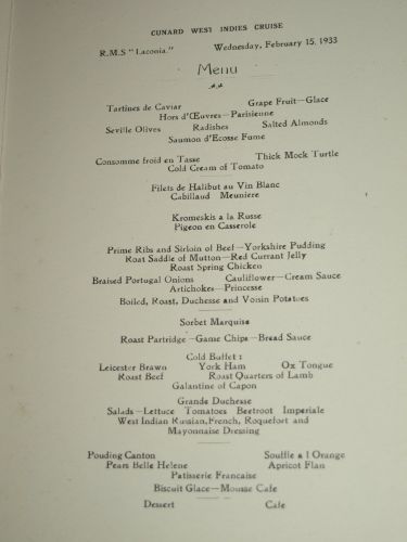 Cunard Line Laconia Dinner Menu15th February 1933. (3)