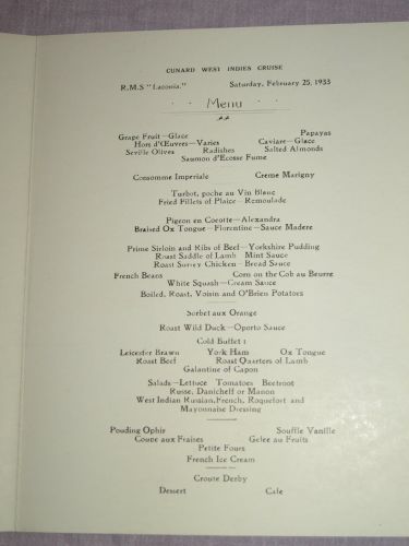 Cunard Line Laconia Dinner Menu 25th February 1933. (3)