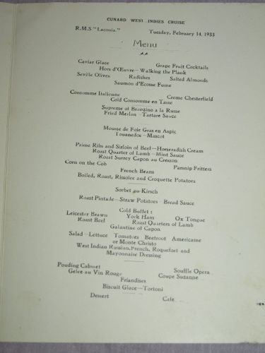 Cunard Line Laconia Dinner Menu St Valentine&rsquo;s Day 14th February 1933. (3)