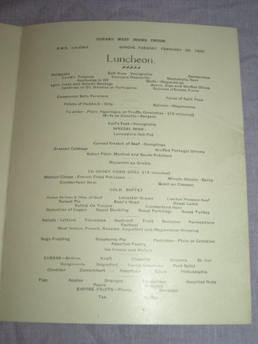 Cunard Line Laconia Lunch Menu Shrove Tuesday 28th February 1933. (3)