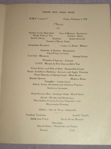 Cunard Line Laconia Dinner Menu 3rd February 1933. (3)
